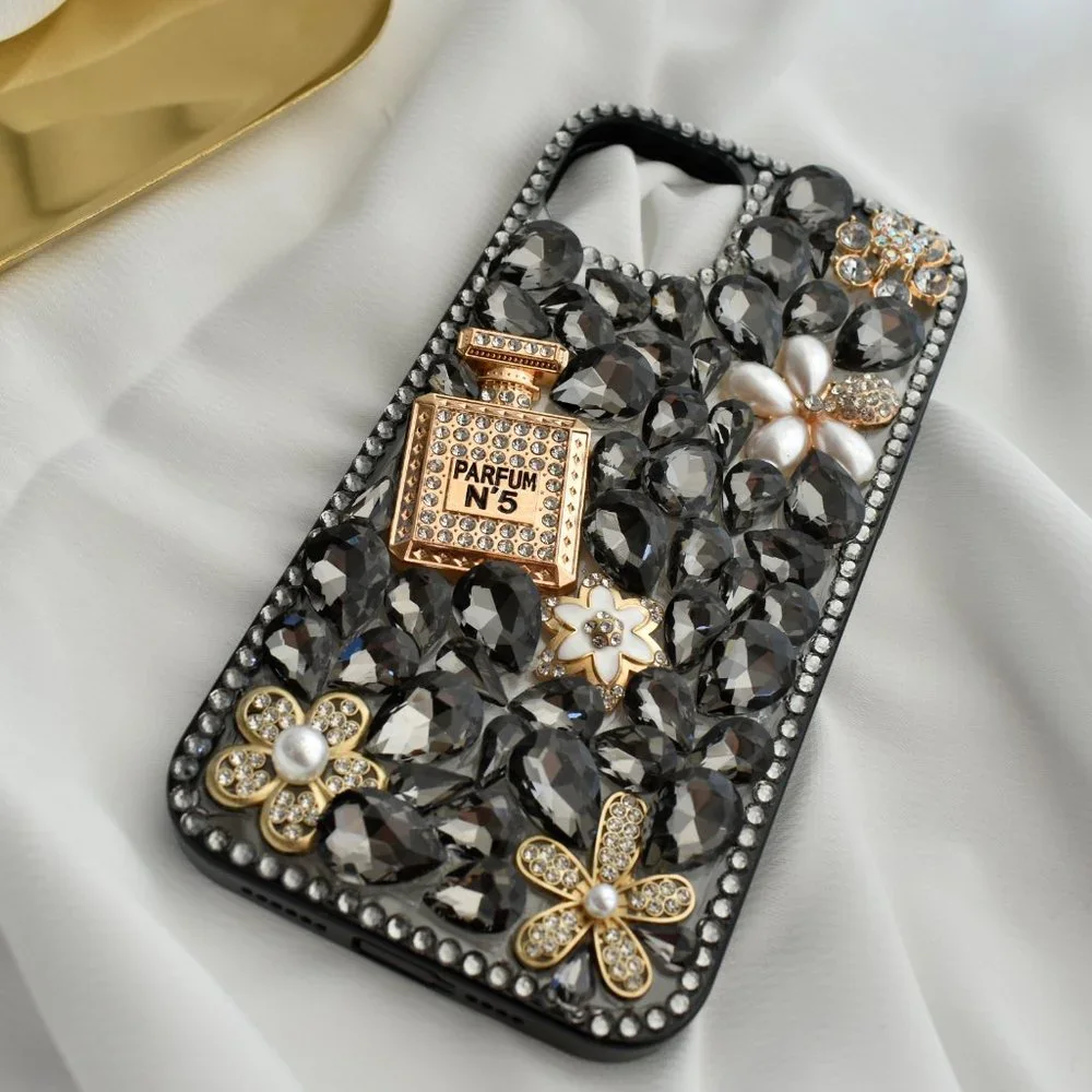 Diamond Encrusted Silicone Black iPhone case with Perfume bottle - iPhone 14/13
